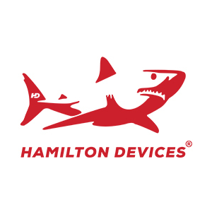 Red shark logo with text.